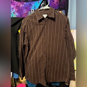 Men's Brown Striped Button-Down Shirt — Classic Collared Casual Shirt